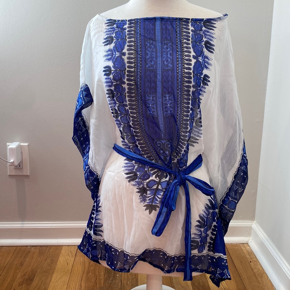 Blue and white boho cover up by Hendi one side fits all